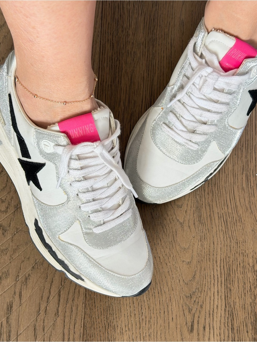 Golden Goose White & Silver shine runners with Pink Tongue